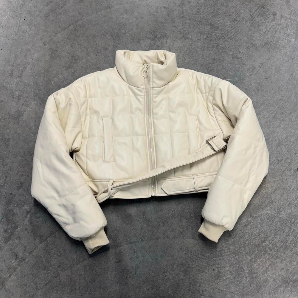 Pretty Little Thing Cream Quilted Cropped Bomber Jacket Women's Belted Small